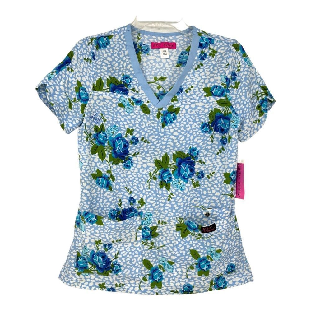 Betsey Johnson Iris Floral Leopard Scrubs Top Short Sleeve Womens XS NEW